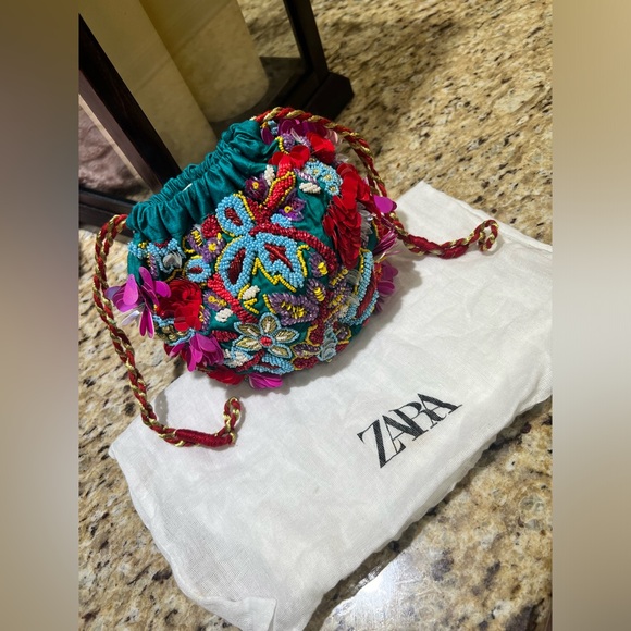 Zara Handbags - ZARA Bead & Sequin Embellished Teal Suede-like Fabric Hand Bag